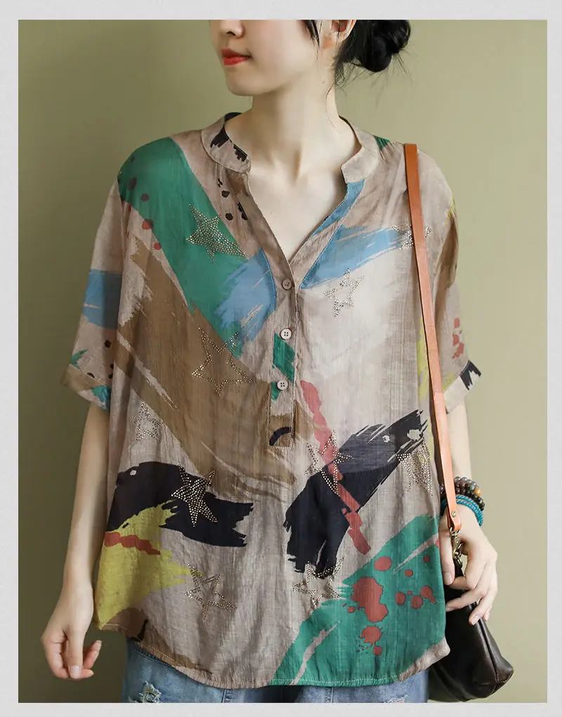 Women Cotton Linen Casual Shirts New 2022 Summer Vintage Style Printed