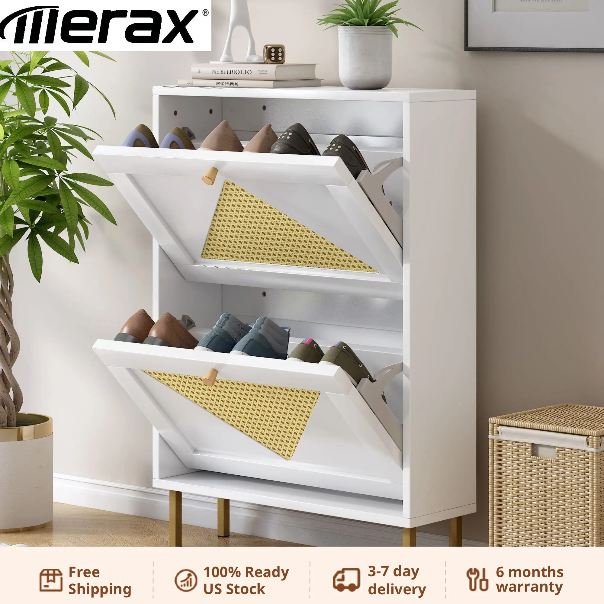 

Rattan Shoe Cabinet with 2 Flip Drawers, Modern Shoe Storage Cabinet