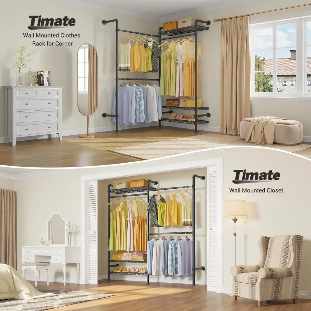 Industrial Pipe Clothes Rack Wall Mounted Clothing Rack for Hanging Clothes, Expandable Garment Rack Heavy Duty Wardro 4