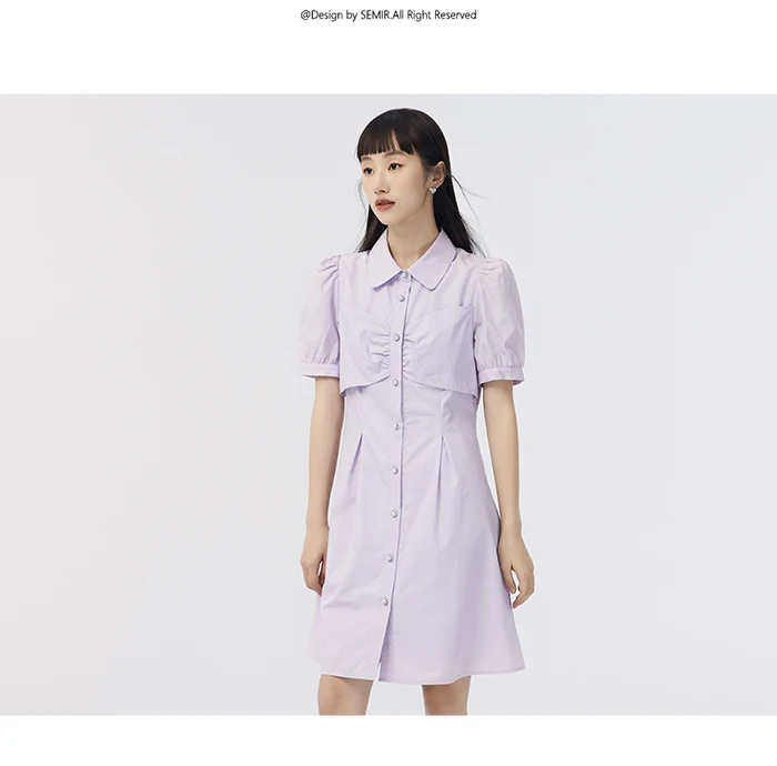 Dress Women Puff Sleeves Sweet Gentle Summer New Temperament Solid Color Exquisite Shirt Dress