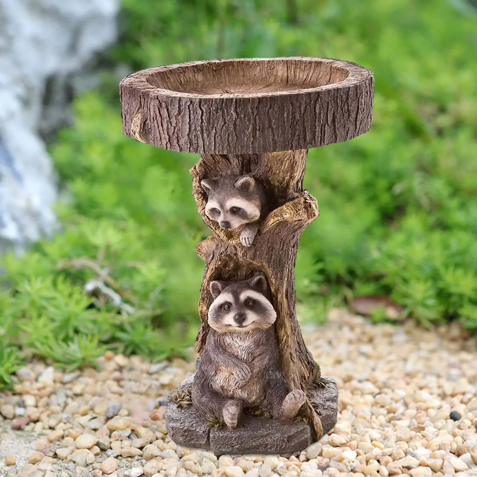 Raccoon Statue Figurine Backyard Yard Lawn Landscape Garden Bird Bath Bowl Resin Feeder for Park Porch Railing Courtyard Outside