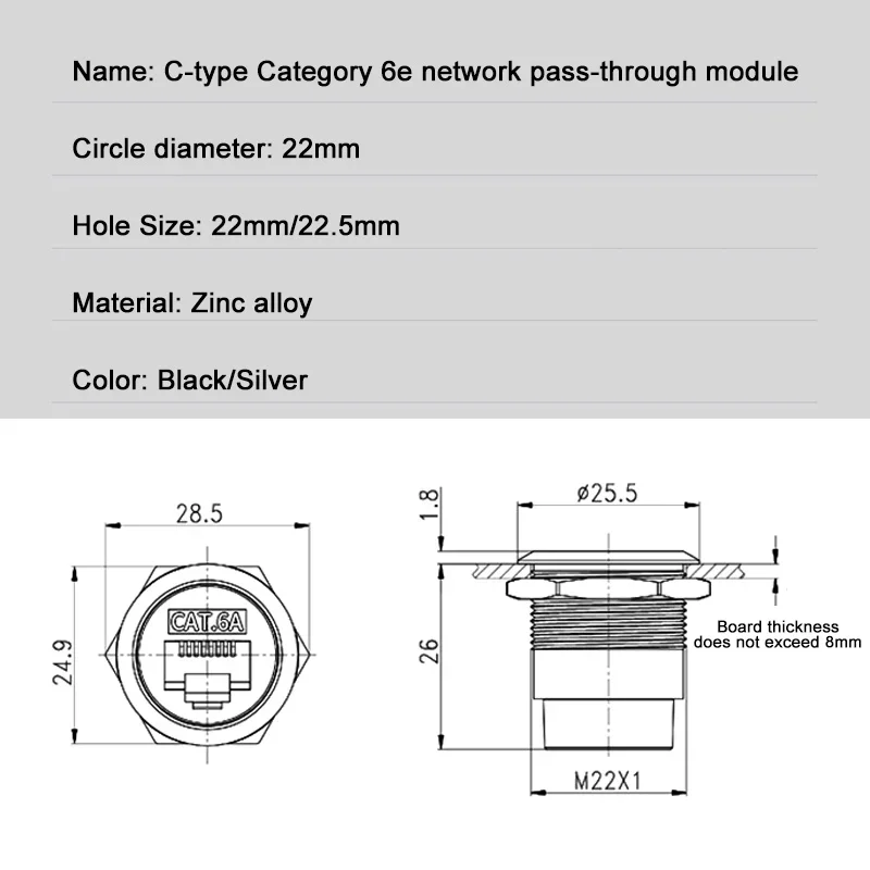 High-Speed CAT6A Ethernet RJ45 Metal Connector Socket