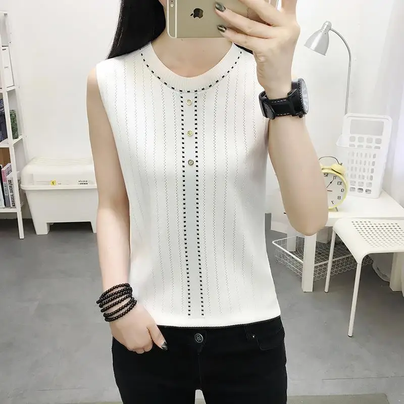 

2024 Fashion Women Summer Clothing O-neck Sleeveless Tops Female Solid Color Knitted Vest Ladies Casual Thin Tank Tops H75