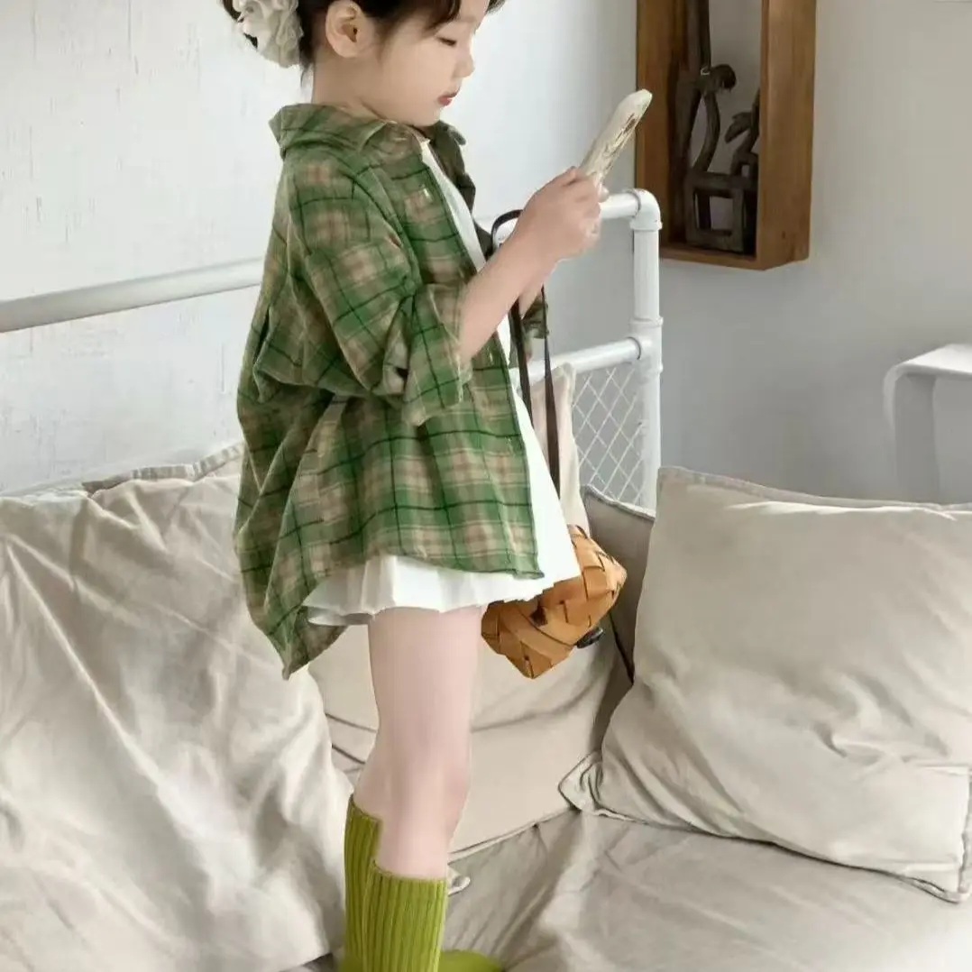 2026 뉴 키즈 여자아이 그린 체크 셔츠 아동 봄 가을 캐주얼 가디건 새로운 스트리트웨어 의류 공주풍 코튼 탑
