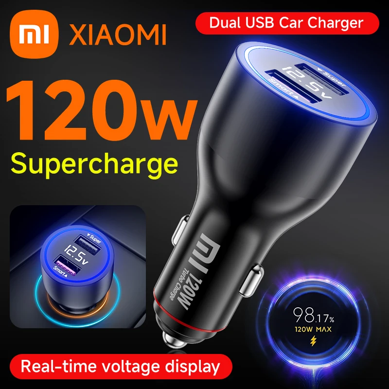 Xiaomi 120W Car Charger 6A Fast Charging Turbo Charge Adapter LED