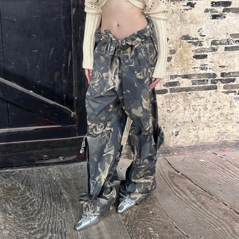 BPN Streetwear Hit Color Printing Jeans For Women High Wiast Patchwork Pockets Casual Loose Wied Leg Denim Trousers Female Style