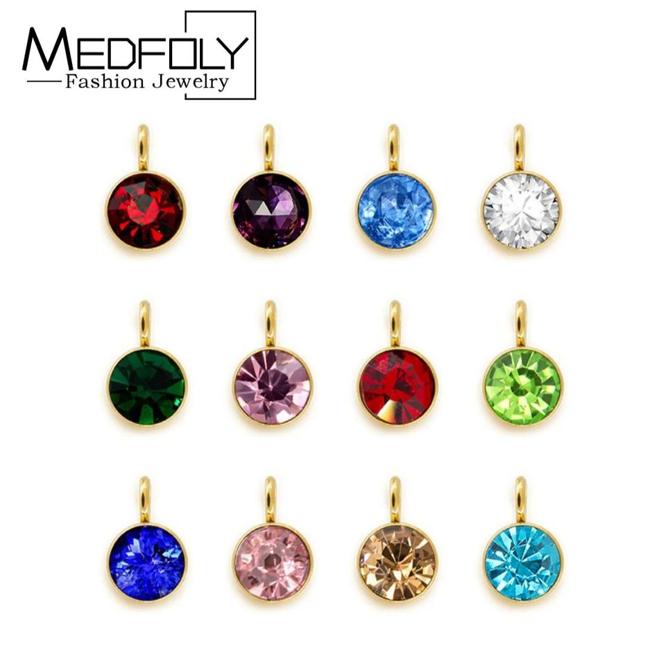 MEDFOLY Stainless Steel Birthstones Charms Pendants Rhinestone Crystal Beads for Necklace Bracelet DIY Colorful Handmade