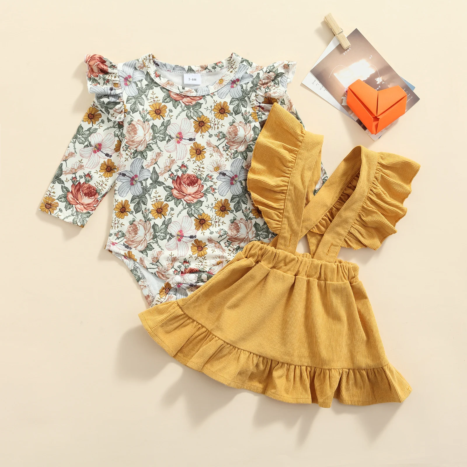 

0-18M Infant Baby Girl’s 2pcs Clothes Sets Fashion Flower Long Sleeve Romper Solid Color Suspender Skirt Spring Fall Outfits
