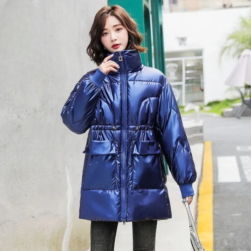 

2023 New Women Glossy Down Cotton Jacket Puffer Parka Winter Female Thicken Warm Stand Collar Outwear Fashion Casual Outcoat