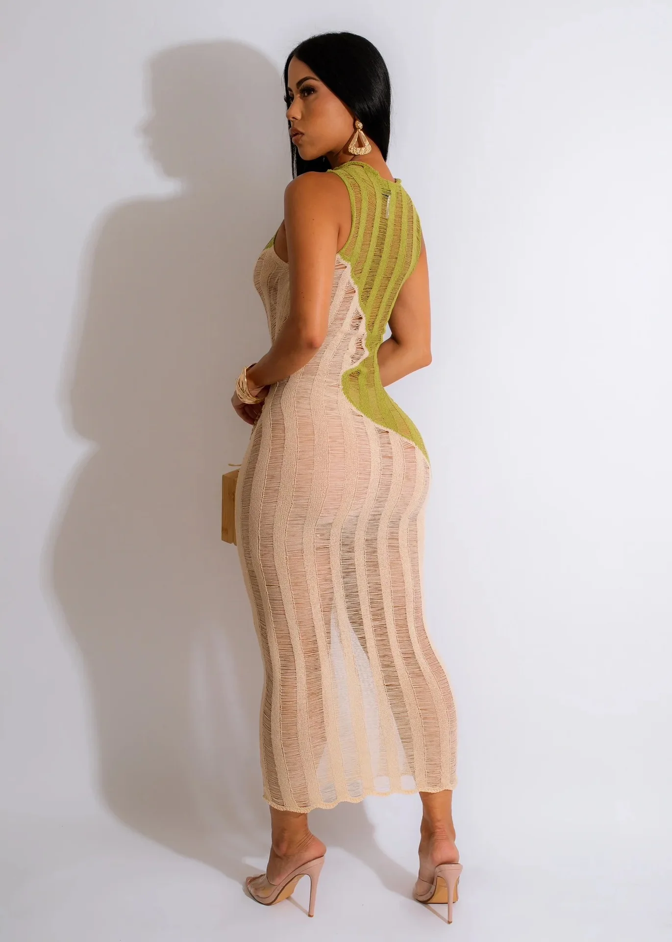 Summer Knit Female Beach Dress Color Blocking Sleeveless Midi Dresses Sexy Perspective Bikini Outer Cover Ups for Swimwear Women