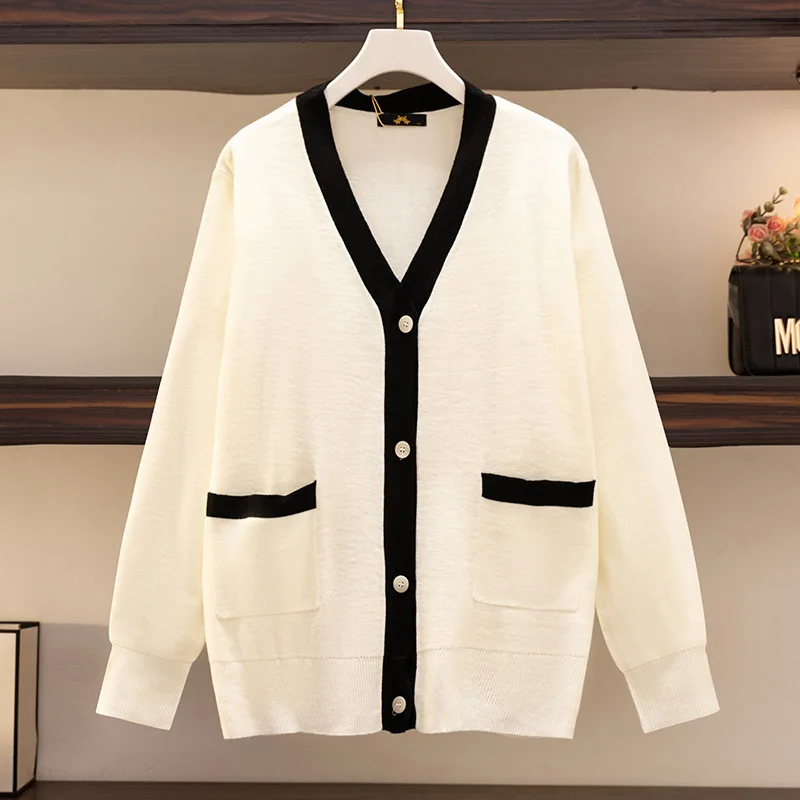 

150Kg Plus Size Women's Bust 155 Spring Autumn Loose Color Contrast V-Neck Cardigan Sweater Knitted Coat 5XL 6XL 7XL 8XL 9XL