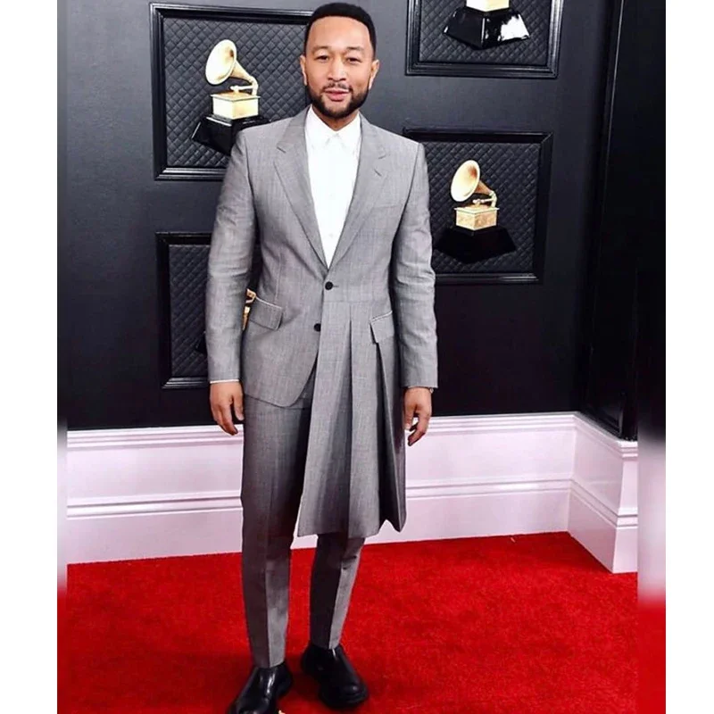 

Grey Long Men Suits For Evening Prom Slim Fit Wedding Groom Tuxedo Notched Lapel 2 Piece Male Fashion Costume Jacket +Pants