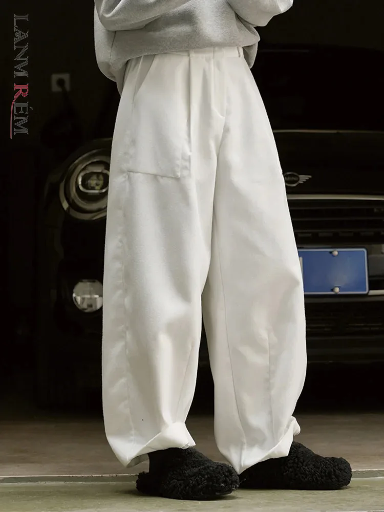 

[LANMREM] Minimalism Straight Wide Leg Pants For Women Solid Elastic High Waist Casual Loose Trousers 2024 Spring New 26D1141