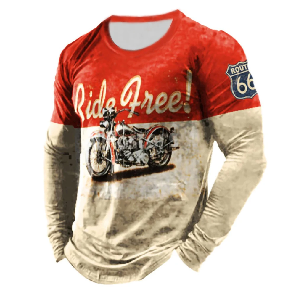 Retro Letter Printing T-shirt  Long-sleeved Men's Autumn and Winter Loose Motorcycle Casual Personality Fashion Skull Top Shirt