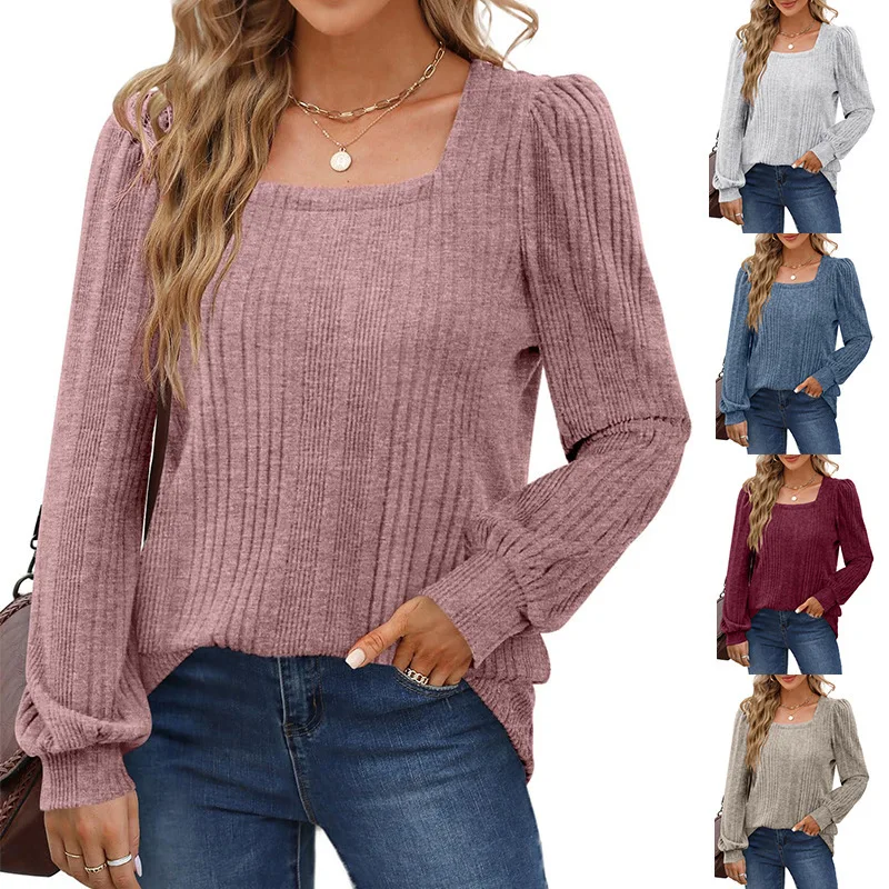 

Women's Pullover Knitted Sweater 2023 Autumn/Winter Pit Striped Square Neck Fashion Casual Long Sleeve Tops S-XXXL