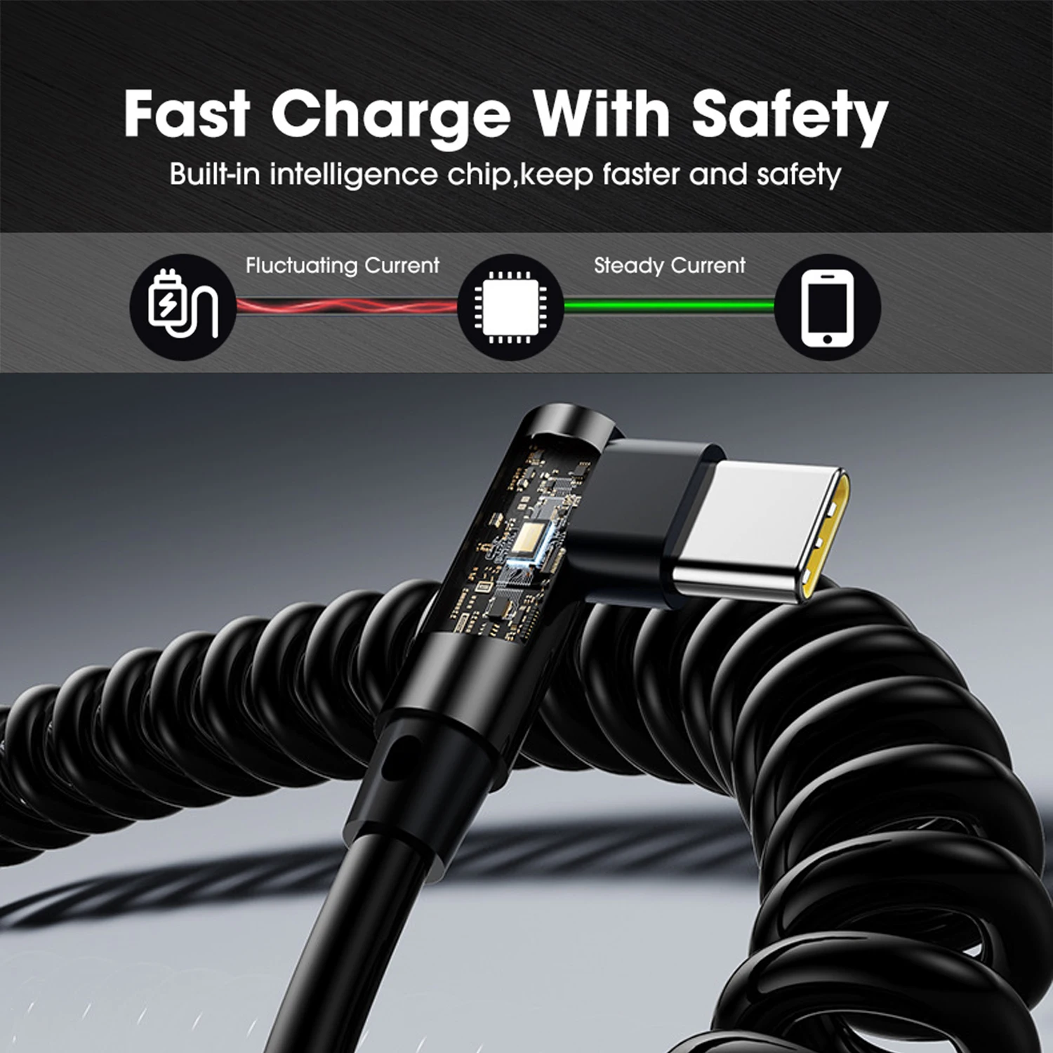 High-Power Coiled USB-C to C 90° Right Angle Quick Charge Data Cable