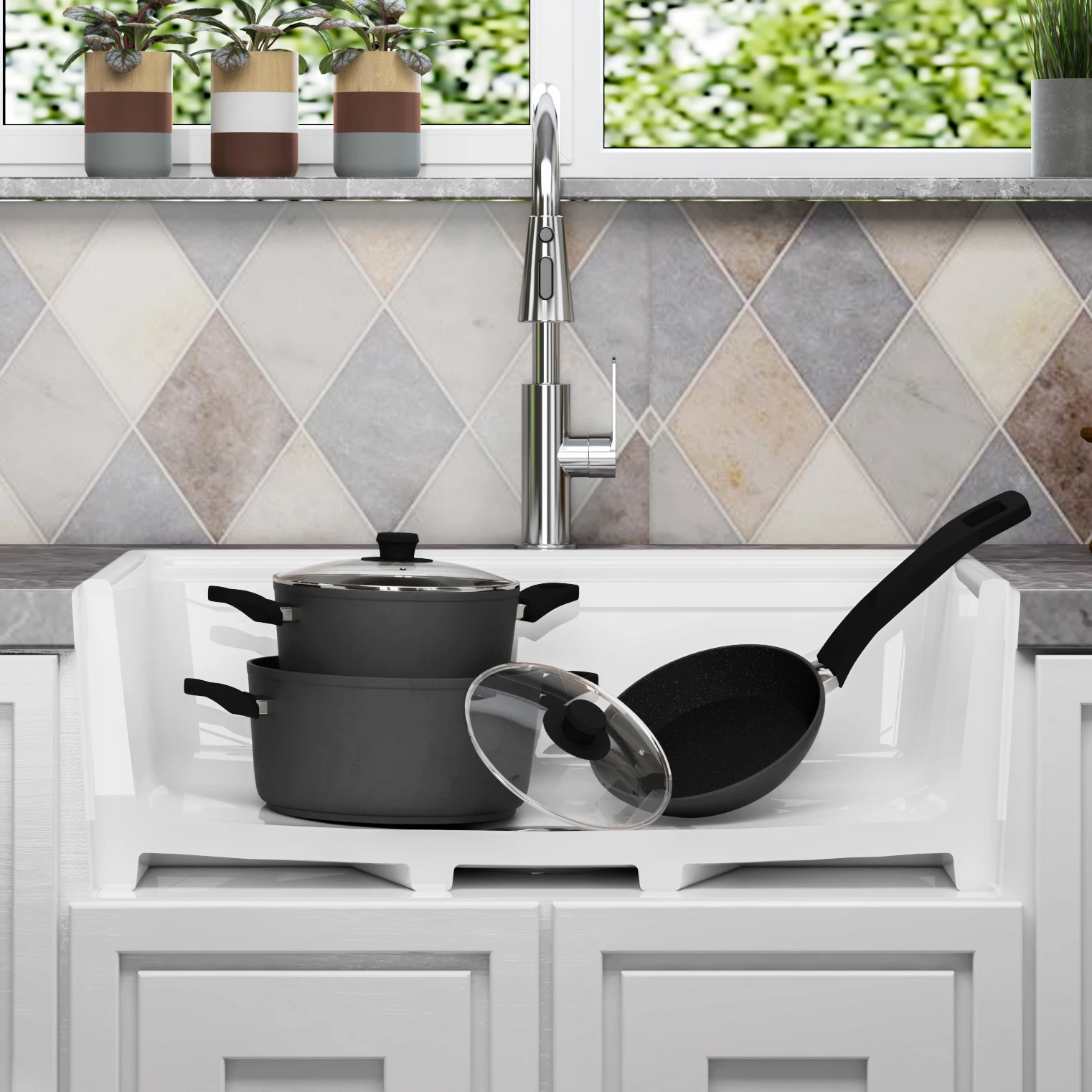 MEJE Single/Doubble Bowl Farmhouse Kitchen Sink ,Ceramic with Cutting Board ,Grid & Strainer-White 76/84 CM