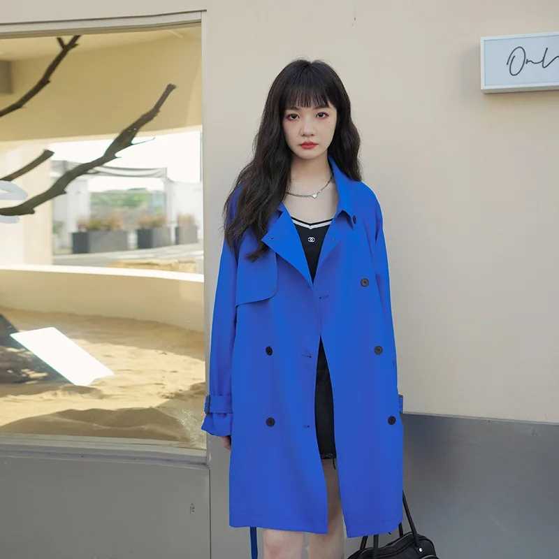 

SuperAen Blue Windbreaker Coat Women Autumn 2023 New Korean Loose Double-breasted Long Coat