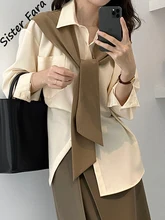 

Sister Fara Chic Shawl Fake Two Shirts for Women 2022 Spring Lapel Loose Splice Shirts Autumn Ladies Apricot Casual Blouses Tops