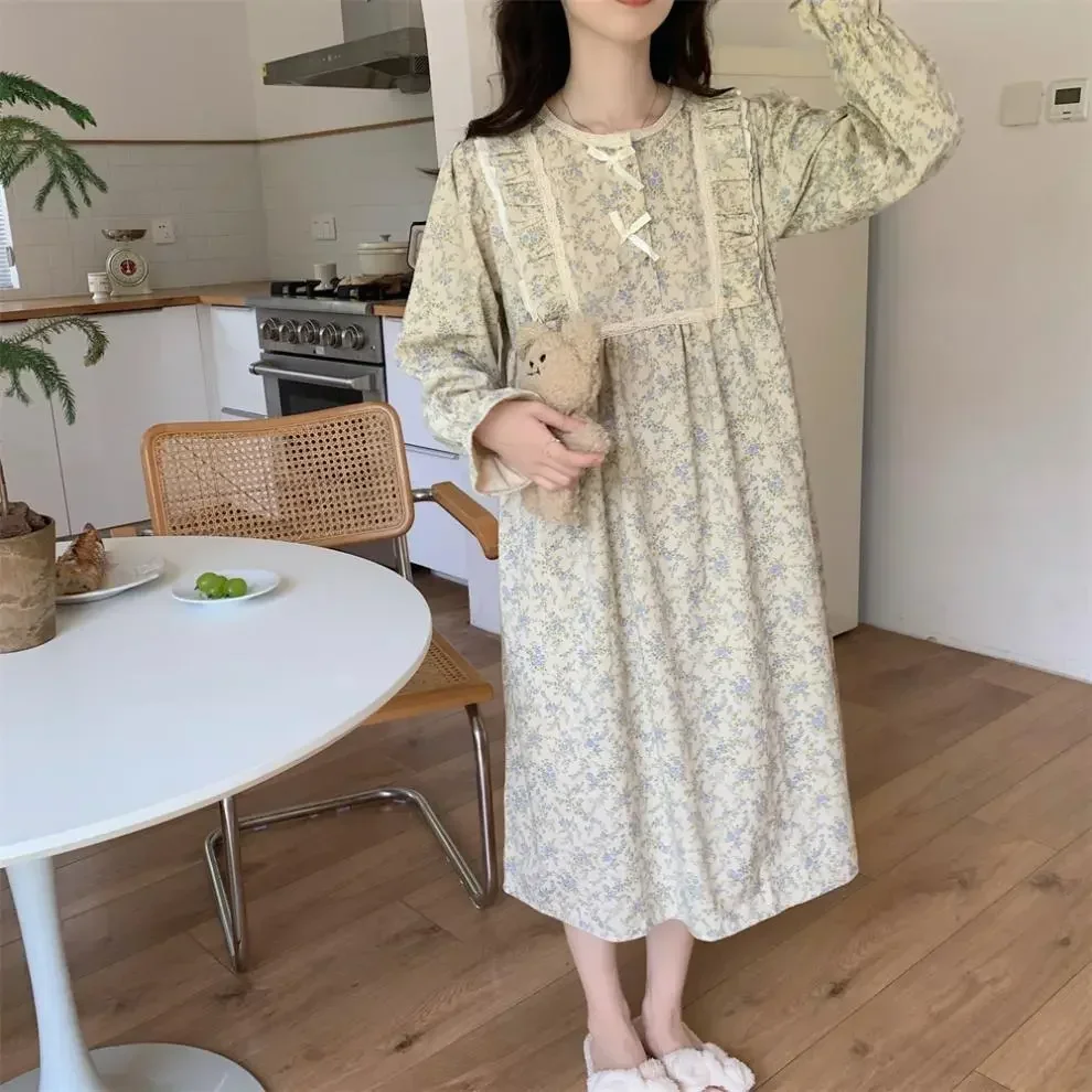 

Style For Sleeve Female Spring Long Kroea Ruffles Autumn Print Wear Women's Night Nightdress Ladies Floral Pajama Nightgown
