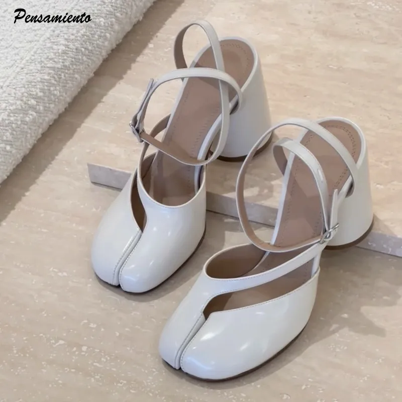Fashion Patent Leather Cross Strap Tabi Women Sandals Summer Slingbacks Split toe Thick High heels Chunky Shoes Sandals women slingback sandals women high heels shoes women dress shoes