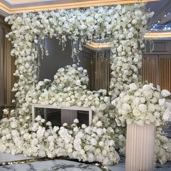 Decorazione di nozze all'aperto bianca Rosa artificiale Arco quadrato Cornice in corno Disposizione floreale decorativa Vetrina per proposta 1