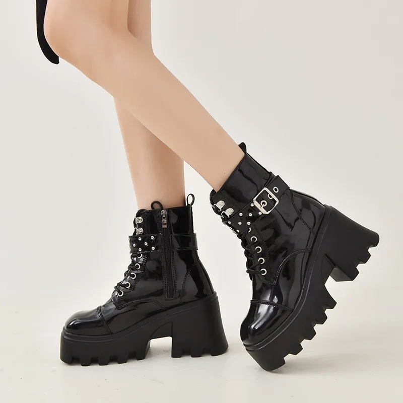 Plus Size 43 Autumn Women Boots Buckle Round Toe Wedges Platform Boots Punk Goth INS Women Street Shoes Combat Boots for Women