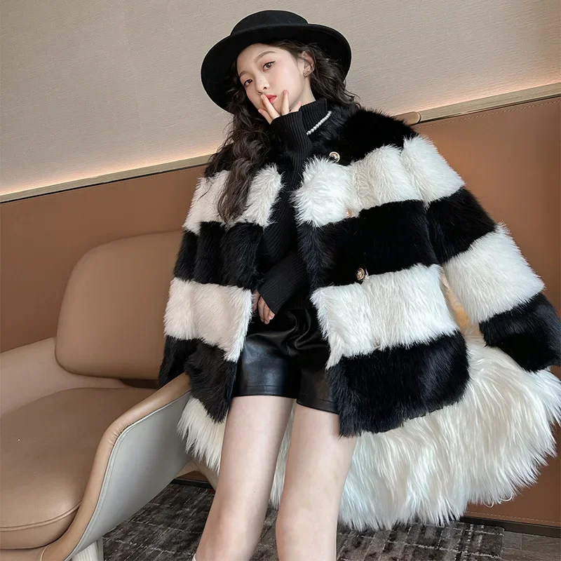 

Girls Fur Coat Thickened Warm Striped Princess Outerwear for Kids Winter Clothes Fashion All-match Teen Tops Clothes 4-14 Years
