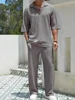 2025 New Spring summer Men's retro casual suit collar solid color half-sleeved shirt loose drawstring pants Two-piece beach Suit 1