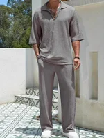 2025 New Spring summer Men's retro casual suit collar solid color half-sleeved shirt loose drawstring pants Two-piece beach Suit 1