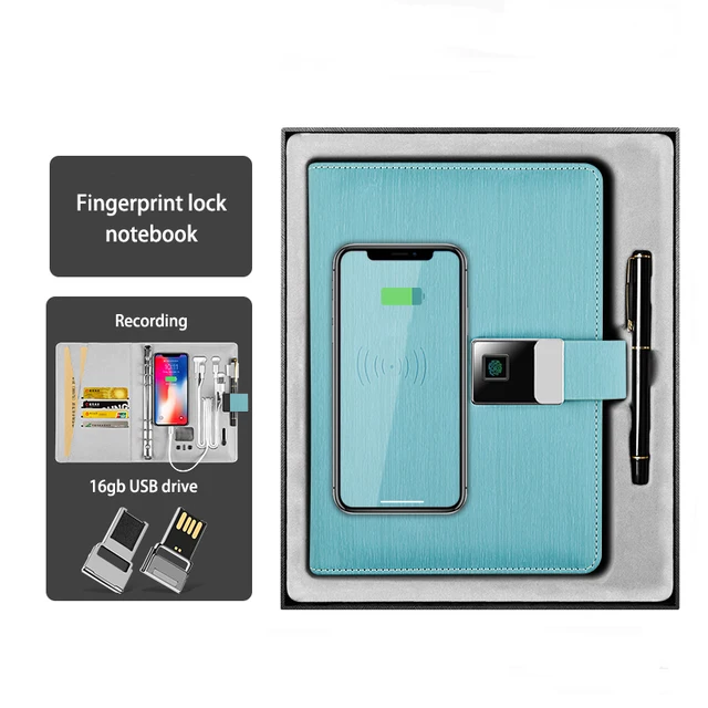 High-tech Fingerprint Lock Unlock Private Leather Notebook Loose Leaf Binding Paper Wireless Charging Notepad