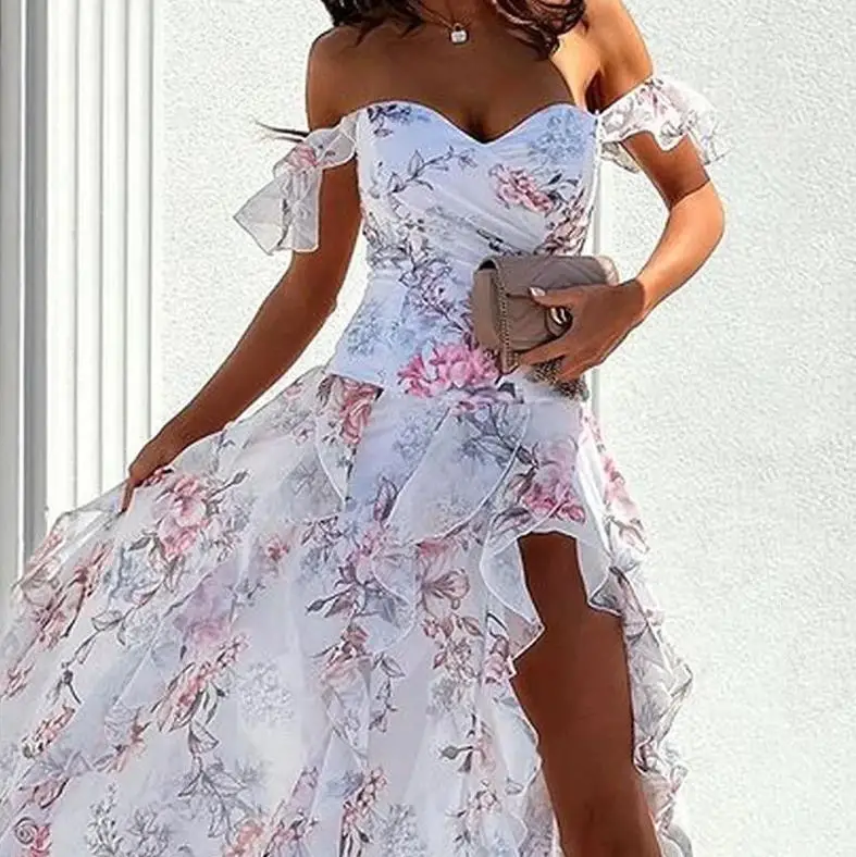 

Elegant Dresses for Women 2023 Autumn New Fashion Sexy Spicy Girl Print Off Shoulder One Line Neck Split Waist Dress Beach