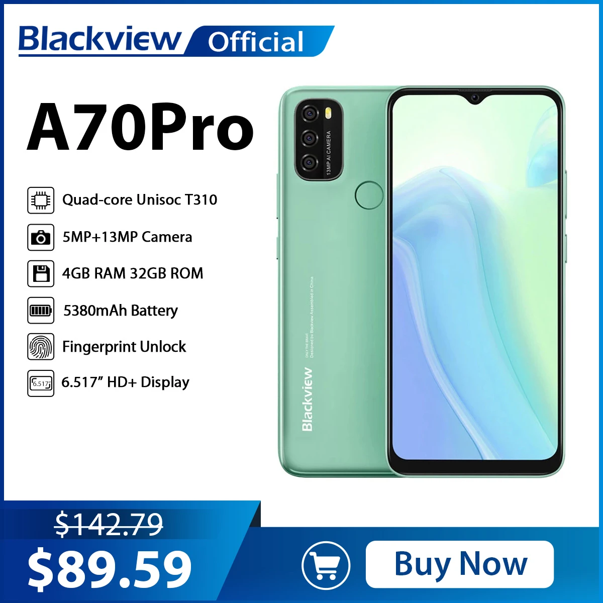 Blackview A70 Pro Smartphone 4G 6,5" HD+ - 4Go RAM + 32Go + 128Go Extensible - 5380mAh - Noir