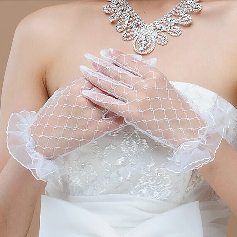 Bridal Gloves for Women Lace Full Finger Gloves Short Tulle Gloves Hollow-Out Lotus Leaf Sheer Mittens Wedding Party Accessories 1 pair women short tulle gloves stretchy lace nylon lotus leaf sheers flexible dress accessories full finger party gifts