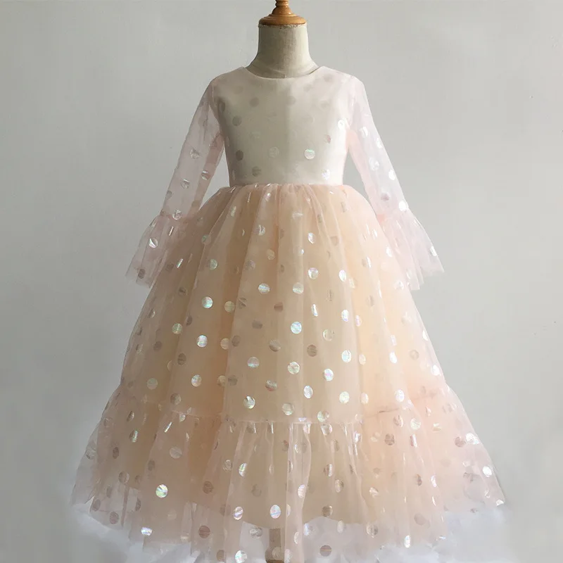 

Children's Wedding Dress Girls' Mesh Long Sleeve Performance Birthday Puffy Princess Mid length Dress