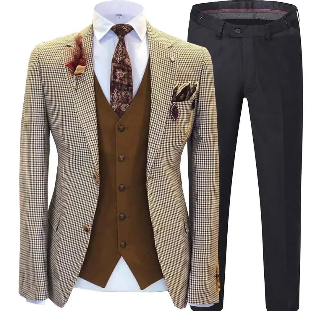 Men Wedding Suits Prom Tuxedos Wool Blend Plaid Slim fit Vintage Checked Suit Groomsmen For Wedding（Blazer+Vest+Pants）