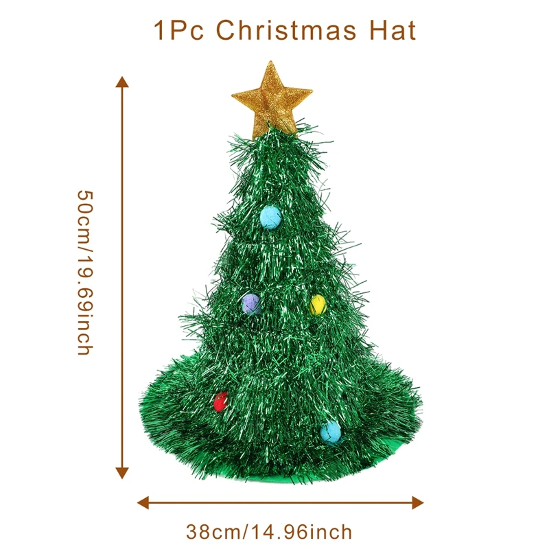 Christmas Tree Hats Fabric Rain Silk Hat for Adults Kids Funny Santa Hat with Tinsel Xmas Holiday Party Costume New Year Decor