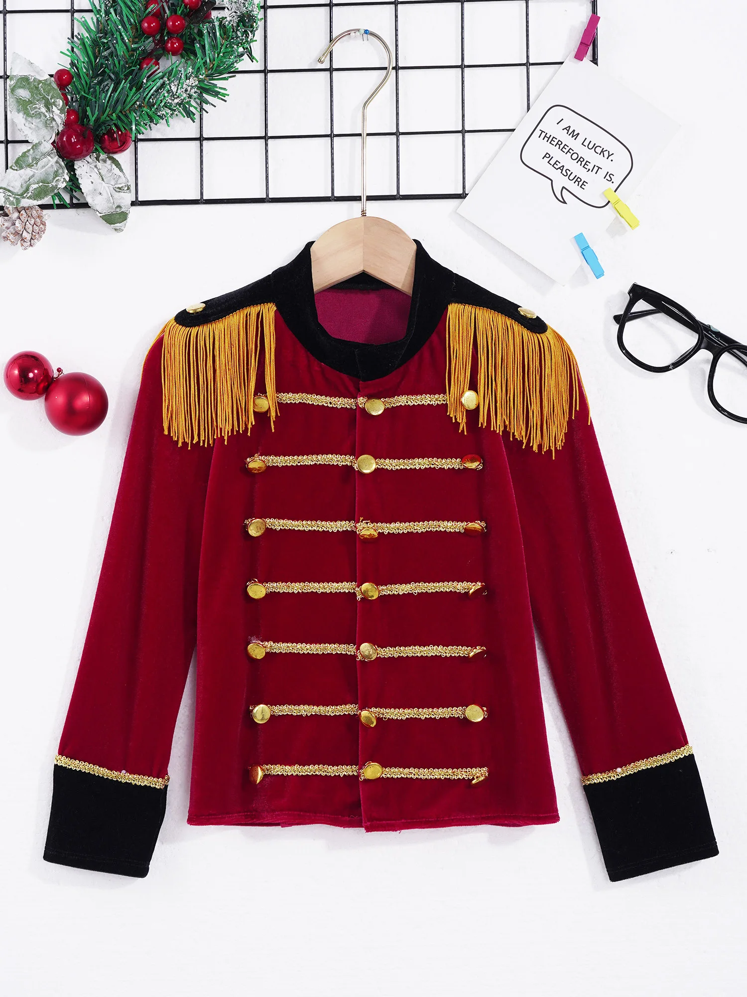 Kids Boys Nutcracker Costume Drum Trumpet Team Honor Guard Performance Uniform Long Sleeve Tassels Tops+Hat Halloween Party Set