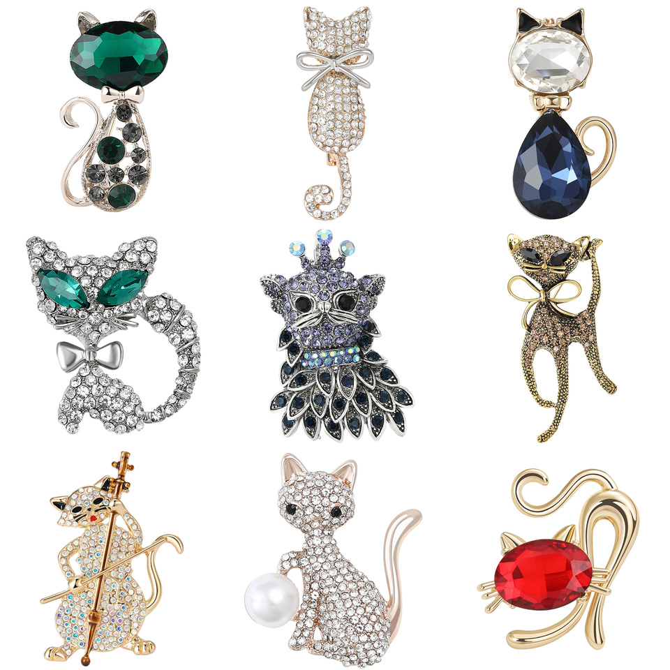  Rhinestone Cat Brooches for Women Unisex Pearl Animal Pin Kitten Lapel Pins Office Party Friend Luxury Gifts Jewelry Accessories 