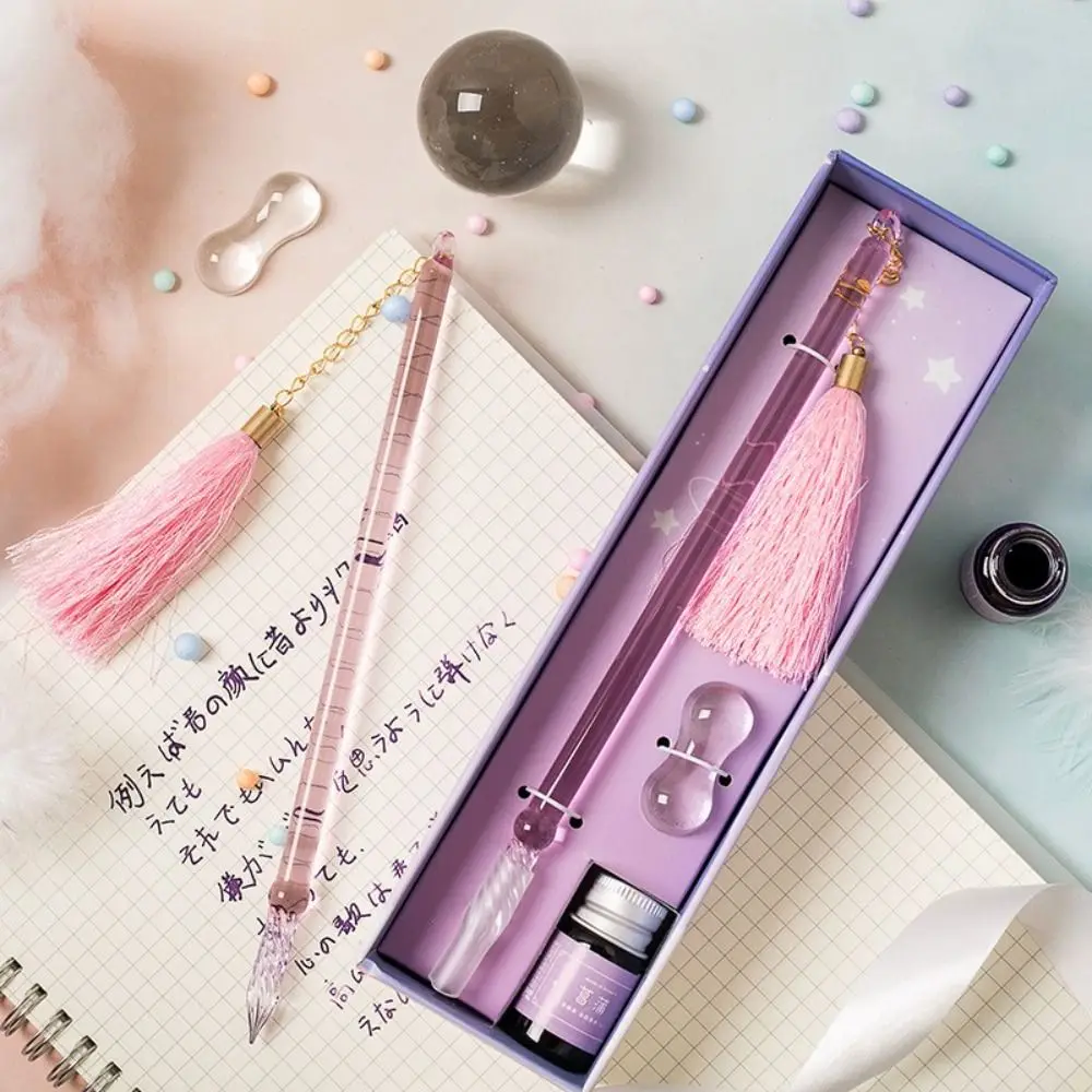 

Transparent School Supplies Crystal Glass Pen with Tassels Dip Pen Set with Ink Student Stationery Glitter Pen Gifts Box