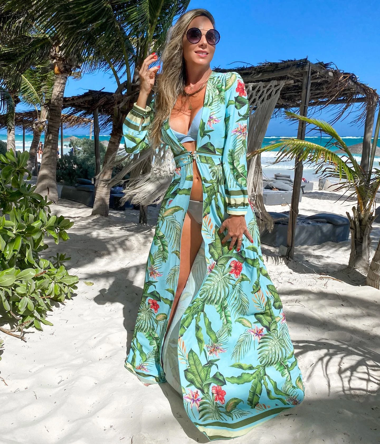 Bikini Beach Cover up Leaves Print Tunics Kaftan Robe de Plage Sarong Swimsuit