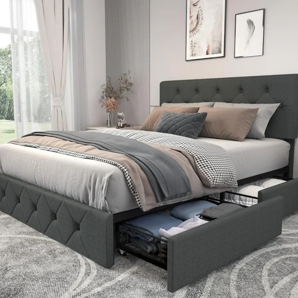 

Queen-size Bed Platform with 4 Storage Drawers, Adjustable Leather Headboard, No Need for A Box Spring