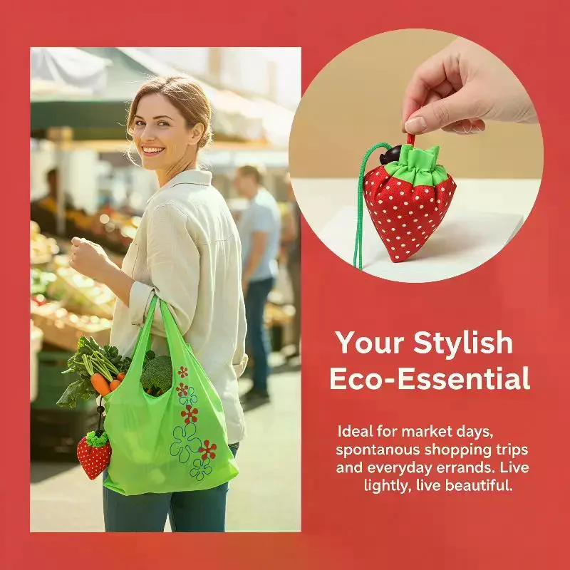 Eco-Friendly Foldable Strawberry Print Reusable Shopping Tote Bag