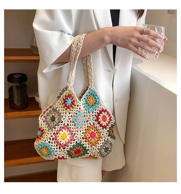 Bolsa de almacenamiento de ganchillo Floral, bolso de mano de gran