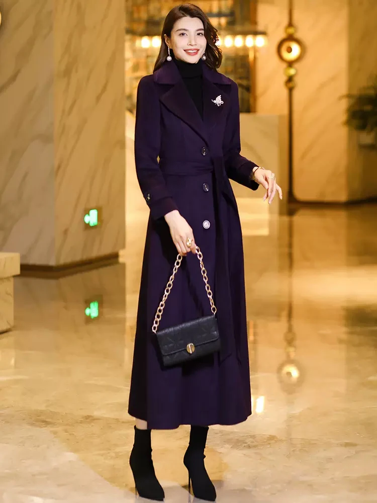 New Women Dark Purple Woolen Overcoat Autumn Winter Fashion Elegant Suit Collar Single Breasted Lace-up Wool Blended Long Coat