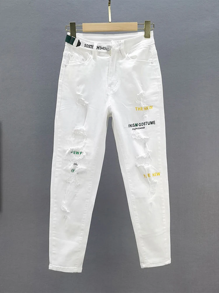 

White Jeans Female Streetwear 2023 Spring New Loose Casual Stars Hole Denim Pants ladies Harem Trousers Street Wear