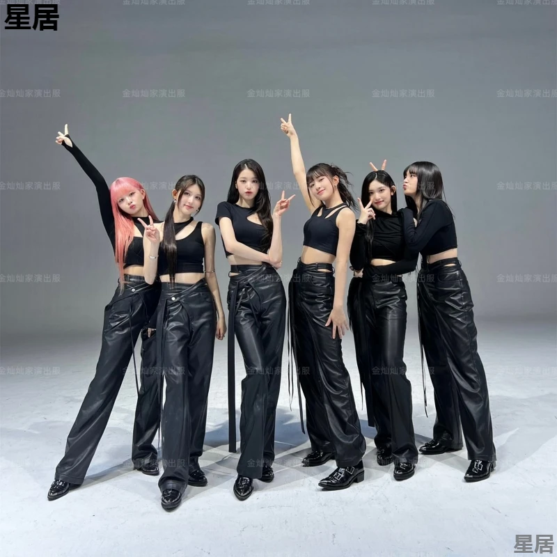 Kpop Women Group Street Dance Slim T-shirts Crop Tops Leather