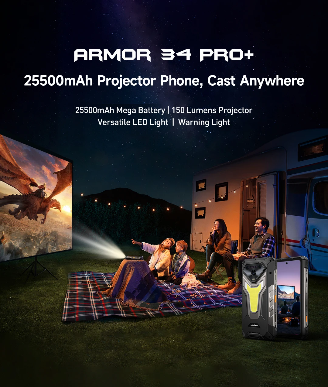 【Ships from US】Ulefone Armor 34 Pro 5G AI Rugged Phone 25500mAh Up to 32GB+512GB Built-in Projector 120Hz 6.95" NFC Smartphone