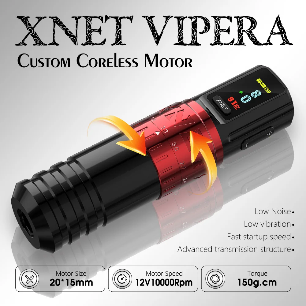 XNET Vipera Wireless Tattoo Machine Kit Adjustable Stroke 2.4-4.2mm OLED Display 60pcs Mixed Tattoo Cartridge for Tattoo Artists 2
