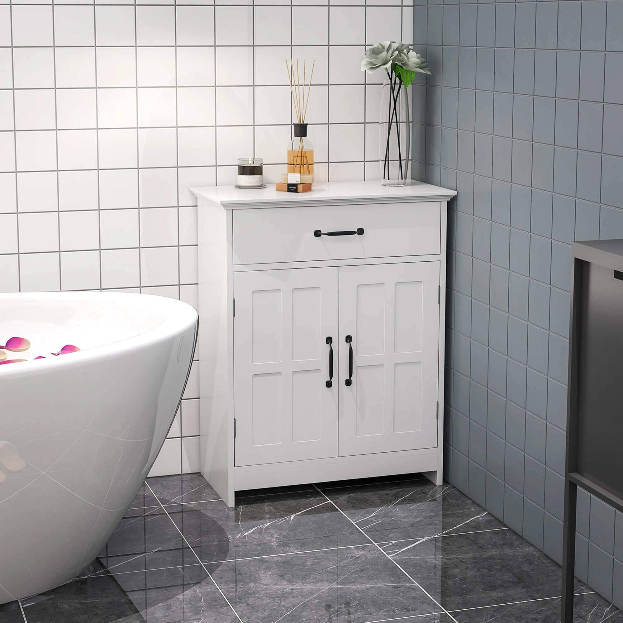 Kleankin Freestanding Bathroom Cabinet, Farmhouse Small Storage Cabinet with Storage Drawer, 2 Doors, Narrow Floor Cabinet, White 2